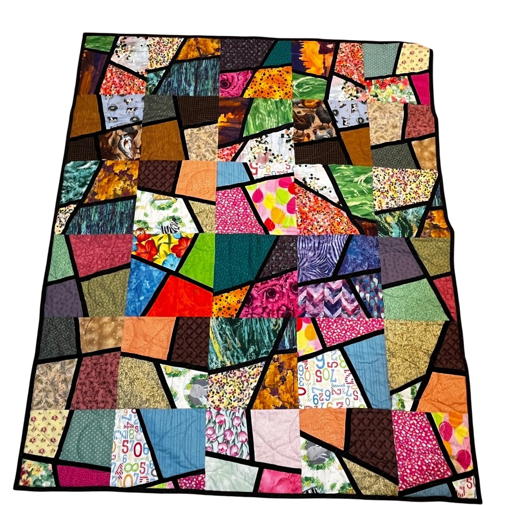 Handmade Stained Glass Patchwork Quilt Colorful Mosaic Geometric Blanket 53 x 43